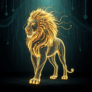 A majestic lion, its form composed of shimmering, interwoven lines of code.jpg