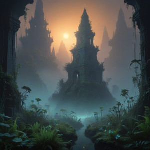 An ancient, overgrown city emerges from a dense, mystical fog - МXL.jpg