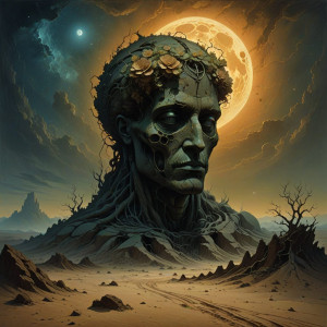 An ancient, colossal stone head, half-buried in a desert -  DXL.jpg