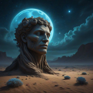 An ancient, colossal stone head, half-buried in a desert -  JXI.jpg
