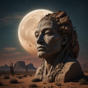An ancient, colossal stone head, half-buried in a desert -  R5.jpg