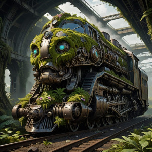An ancient, colossal locomotive, overgrown with alien flora.jpg