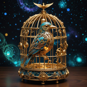 A vibrant, mechanical bird with glowing circuits and intricate gears.jpg