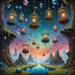 A surreal landscape where giant, crystalline birdcages are suspended in the sky.jpg