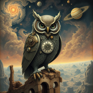 A clockwork owl, its metallic feathers intricately detailed.jpg