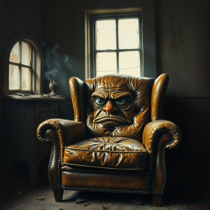 A weathered, antique armchair in a dusty attic.jpg