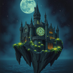 A grand, decaying castle perched precariously on a floating island.jpg