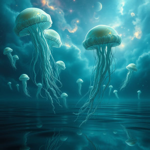 A vast, cosmic ocean where colossal, bioluminescent jellyfish drift.jpg