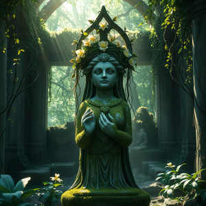 An ancient, moss-covered stone statue of a forgotten deity.jpg