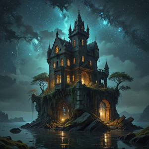 A grand, decaying castle perched precariously on a floating island - BXL.jpg