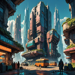 A futuristic city, partially reclaimed by nature, features flying vehicles.jpg
