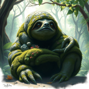 A sloth depicted as an ancient, moss-covered stone golem.jpg