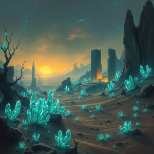 An ethereal, bioluminescent forest at the edge of a crumbling alien desert..jpg