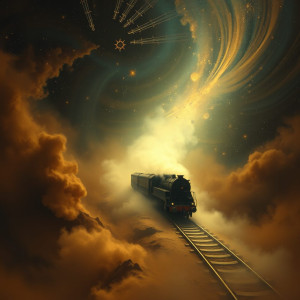 A lone, spectral train hurtles through a void of swirling cosmic dust.jpg