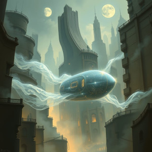 A spectral, ethereal vehicle drifts through a dreamlike cityscape.jpg