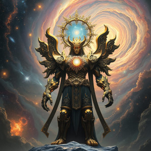 A colossal, intricately carved automaton, resembling a celestial guardian.jpg