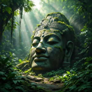 A colossal, ancient stone head lies half-buried.jpg