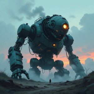 A colossal, ancient automaton, half-buried in the earth.jpg