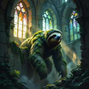 A colossal, ancient sloth covered in moss and vines.jpg