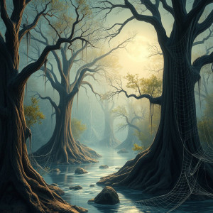 A serene, ethereal landscape where towering, ancient trees - FS.jpg