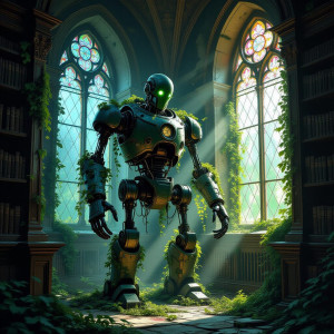 An ancient, overgrown automaton stands sentinel in a forgotten library.jpg