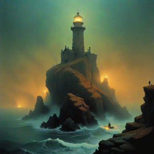 A solitary lighthouse stands on a jagged cliff edge - ССXL.jpg