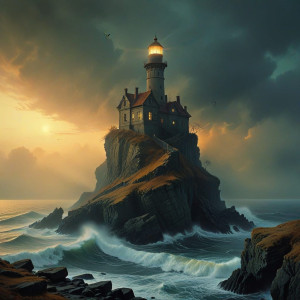 A solitary lighthouse stands on a jagged cliff edge - ВXL.jpg