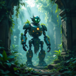 An ancient automaton, overgrown with luminous jungle flora, stands guard.jpg
