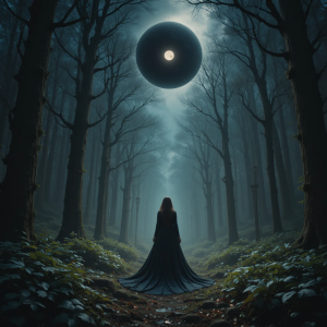 Vampire woman in magical forest under Black Sun - PL1.png