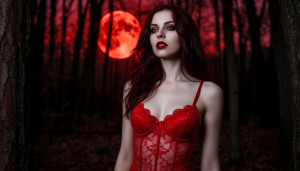 Vampire woman in red lacy underwear in magical forest under full dark red Moon.jpg
