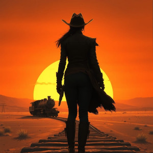 A stoic cowgirl stands silhouetted against a vast, ochre desert.jpg
