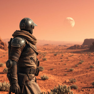 A futuristic space cowboy, clad in worn, synth-leather armor.jpg