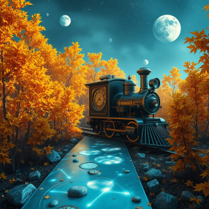A surreal dreamscape where a whimsical, clockwork locomotive chugs along.jpg
