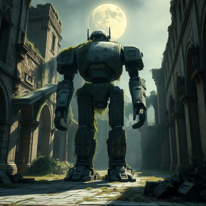 A colossal, ancient stone robot, partially consumed by ivy.jpg