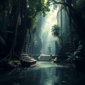 A hidden, overgrown temple in a dense jungle, where faint sunlight pierces the canopy.jpg