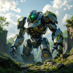 A colossal, ancient robot, half-buried in the earth.jpg