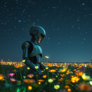 A lone, derelict robot sits amidst a field of bioluminescent wildflowers.jpg
