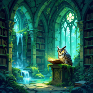 An ancient, forgotten library, its stone architecture slowly being reclaimed.jpg