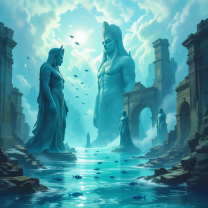 A colossal, ruined city half-submerged in a shimmering, otherworldly ocean.jpg