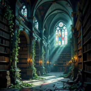An ancient library, filled with towering shelves of dusty, leather-bound books.jpg