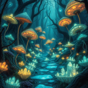 A vibrant, bioluminescent forest floor teeming with alien flora.jpg