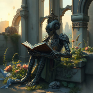 A solitary, weathered automaton, adorned with intricate, baroque-inspired filigree.jpg