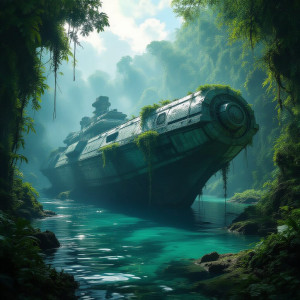 A colossal, ancient spaceship, overgrown with lush jungle flora and vines.jpg
