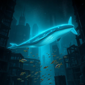 A majestic, bioluminescent whale drifts through the ruins of a submerged metropolis,.jpg