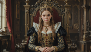 Young 16th century English queen on her throne in her palace - PL2.png