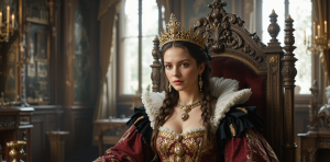 Young 16th century English queen on her throne in her palace - PL3.png