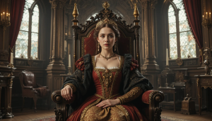 Young 16th century English queen on her throne in her palace - PL4.png