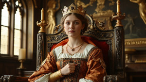 Young 16th century English queen on her throne in her palace - JFL.jpg