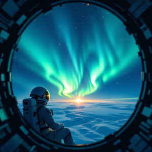 A solitary astronaut drifts in the vacuum of space, gazing in awe at a spectacular aurora.jpg