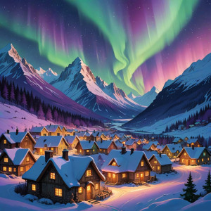 A whimsical village nestled within a valley under aurora.jpg